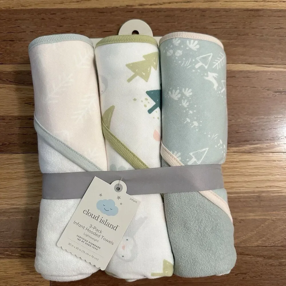 NEW!! Cloud Island Infant Hooded Bath Towels, BUNDLE (3pk), Woodland Theme