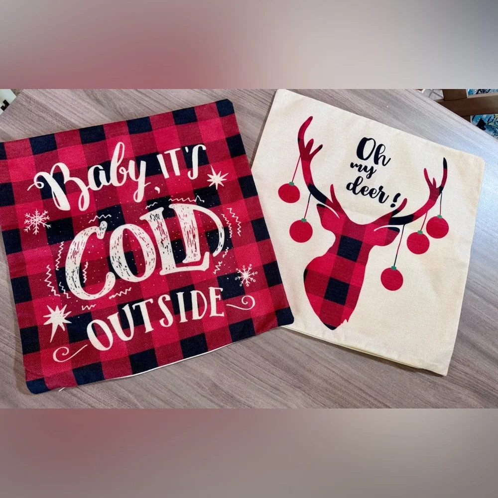 Festive Plaid and Reindeer Pillow Covers-17”x17”
