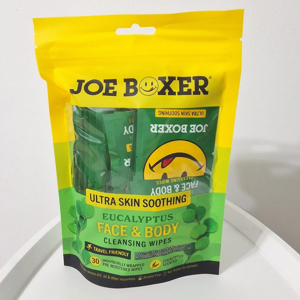 Joe Boxer Eucalyptus Face & Body Cleansing Wipes, 30 Count, Travel Friendly, NEW