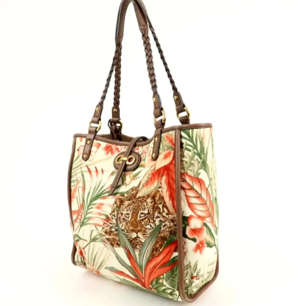 💎✨AUTHENTIC✨💎Ferragamo Gancini Leather Nylon Tote Bag Ivory Multicolor