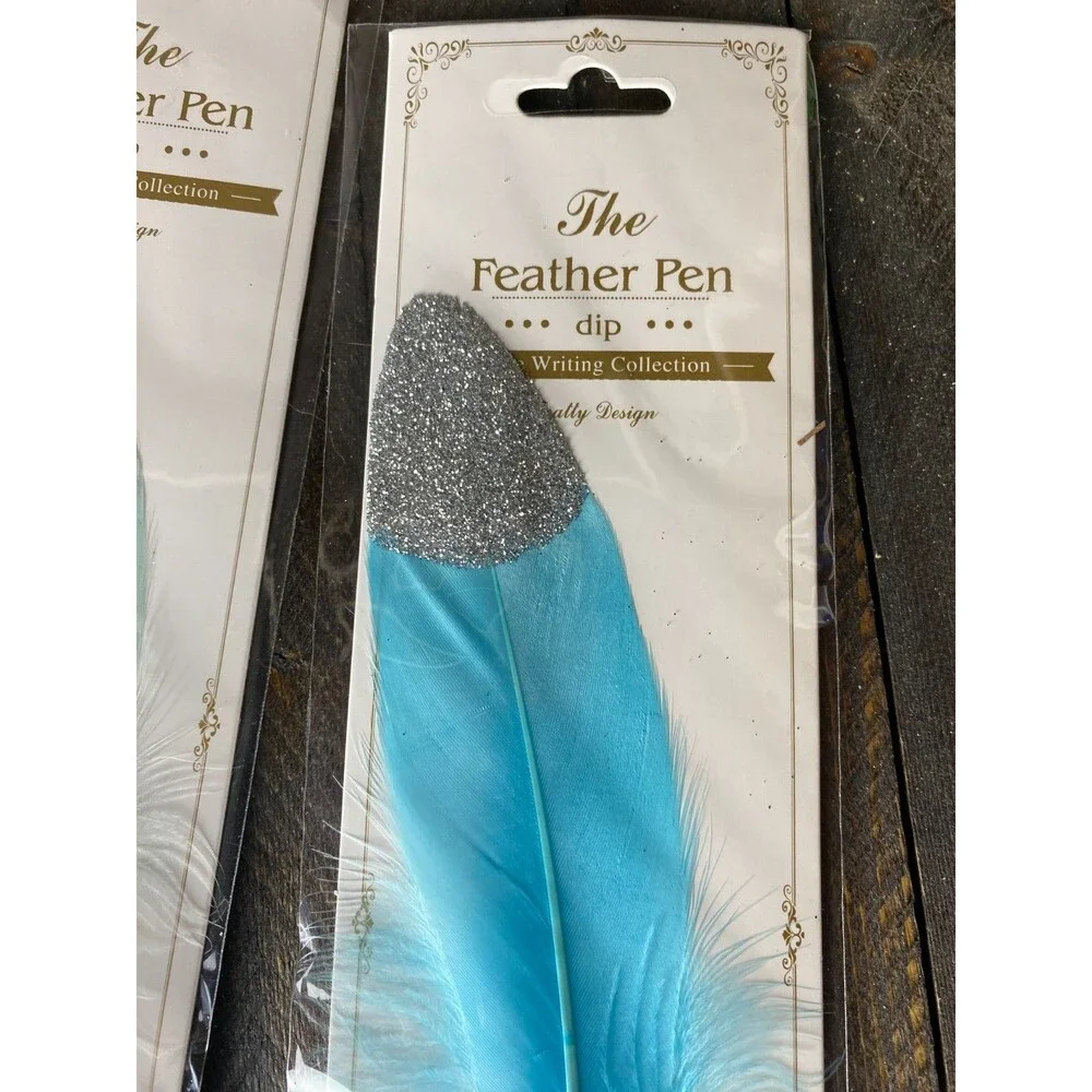 6 Pk Feather Teal & Blue Decorated Ballpoint Pens Black Ink Guest Book Wedding