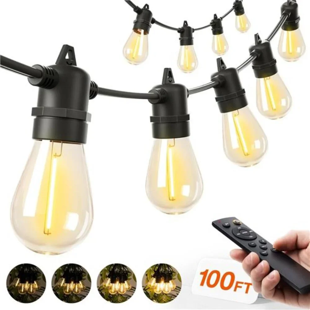 100FT LED Outdoor String Lights, Remote Dimmable Patio Lights with Timer