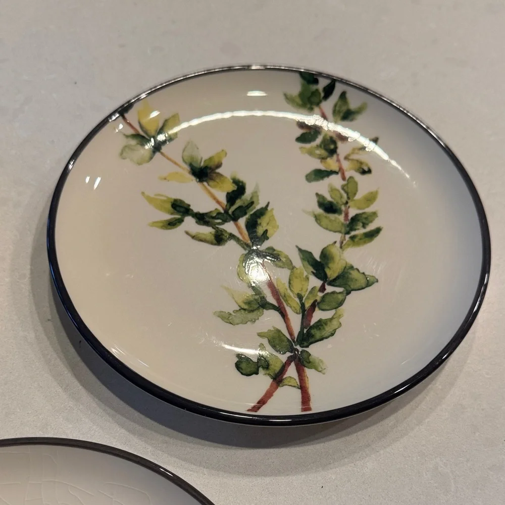 Crate&Barrel Botanical Dinnerware Set - Cream and Green 1 plate has small chips