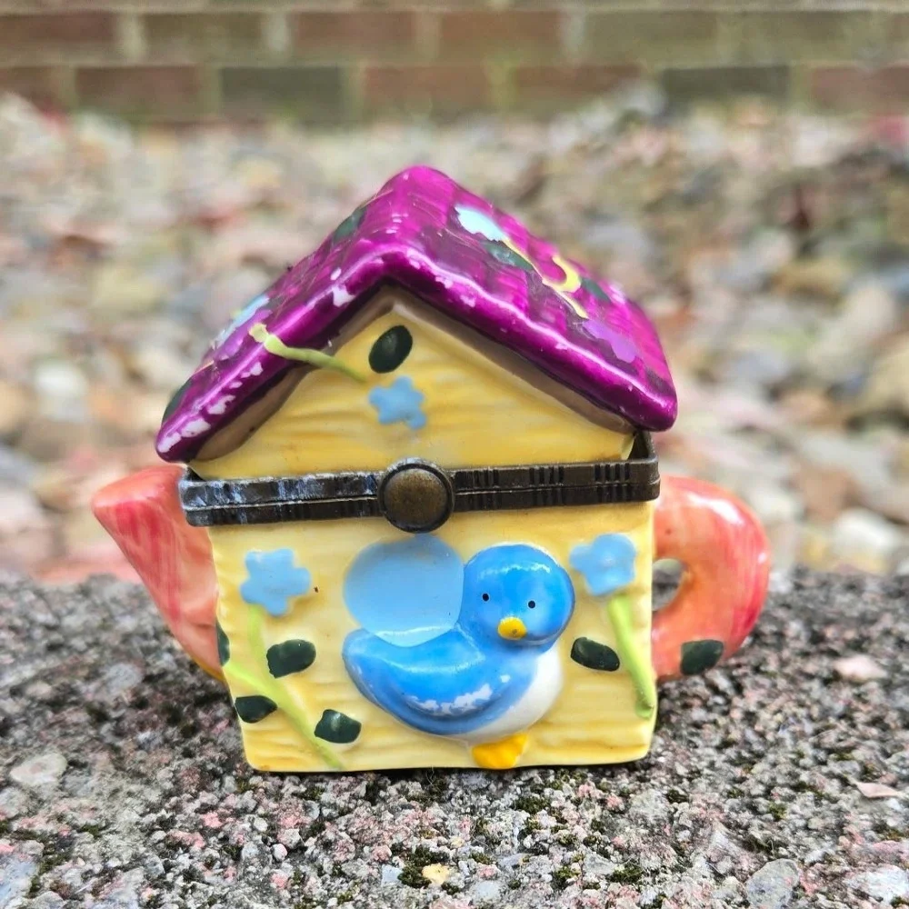 Vintage Trinket Box Ceramic Teapot Birdhouse Bluebird Purple Flowers