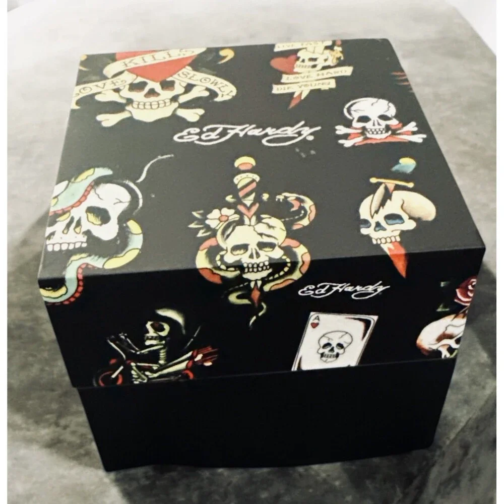 Ed Hardy Mens Beaded Skull Black Dial/Matte Black Metal Mesh Strap Watch 53 mm