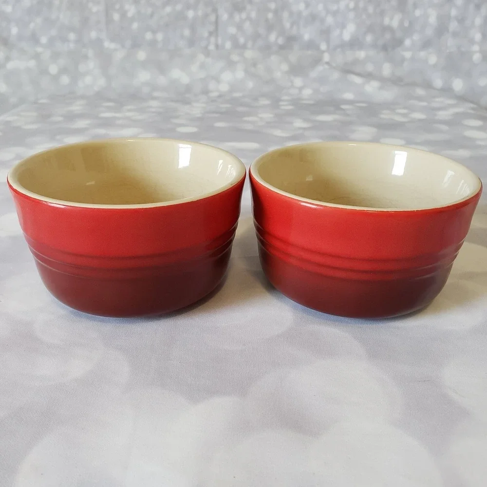 Le Creuset Custard Cup Ramekin Stoneware Set Of 2 Not Matching Red 11-03 & 15-16