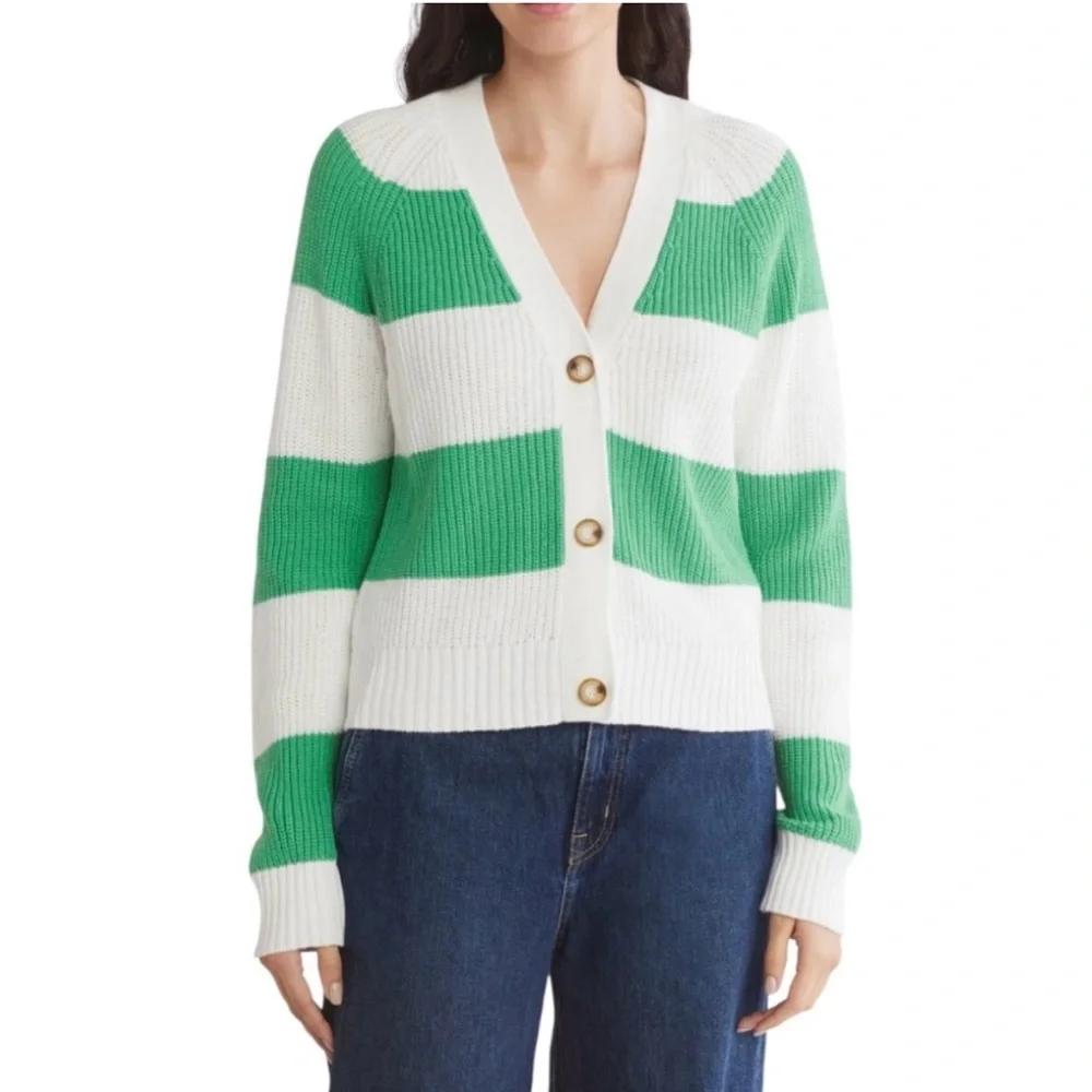 Design History NWT | Button Front Green & White Stripe Varsity Cardigan | L