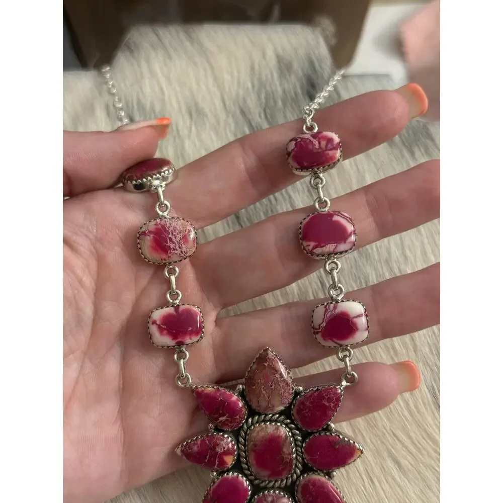 Native American SW Sterling Silver Pink Red Jasper Huge Cluster Necklace Lariat