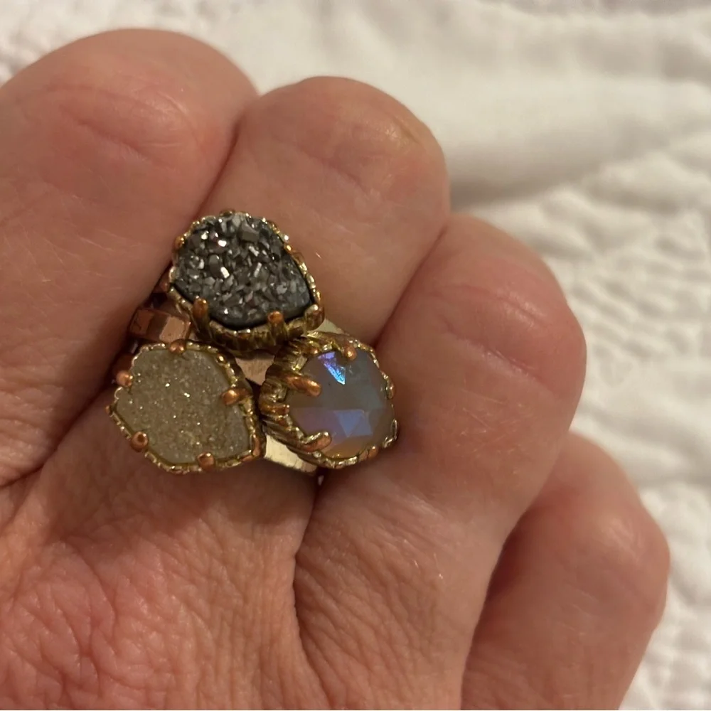 Kendra Scott ‘Calvin’ Druzy Gold and Silver Tri-Stone Rings size 8