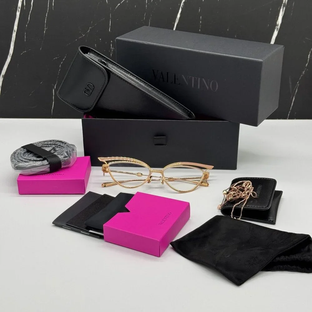 NEW VALENTINO GLASSLINER VLX-118F CAT EYE GOLD EYEGLASSES WITH CHAIN