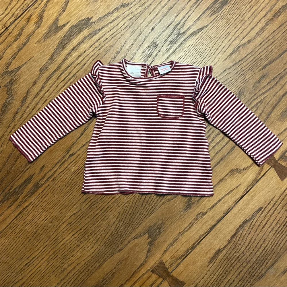 Zara Kids Maroon and White Striped Long Sleeve Tee size 3-6 months
