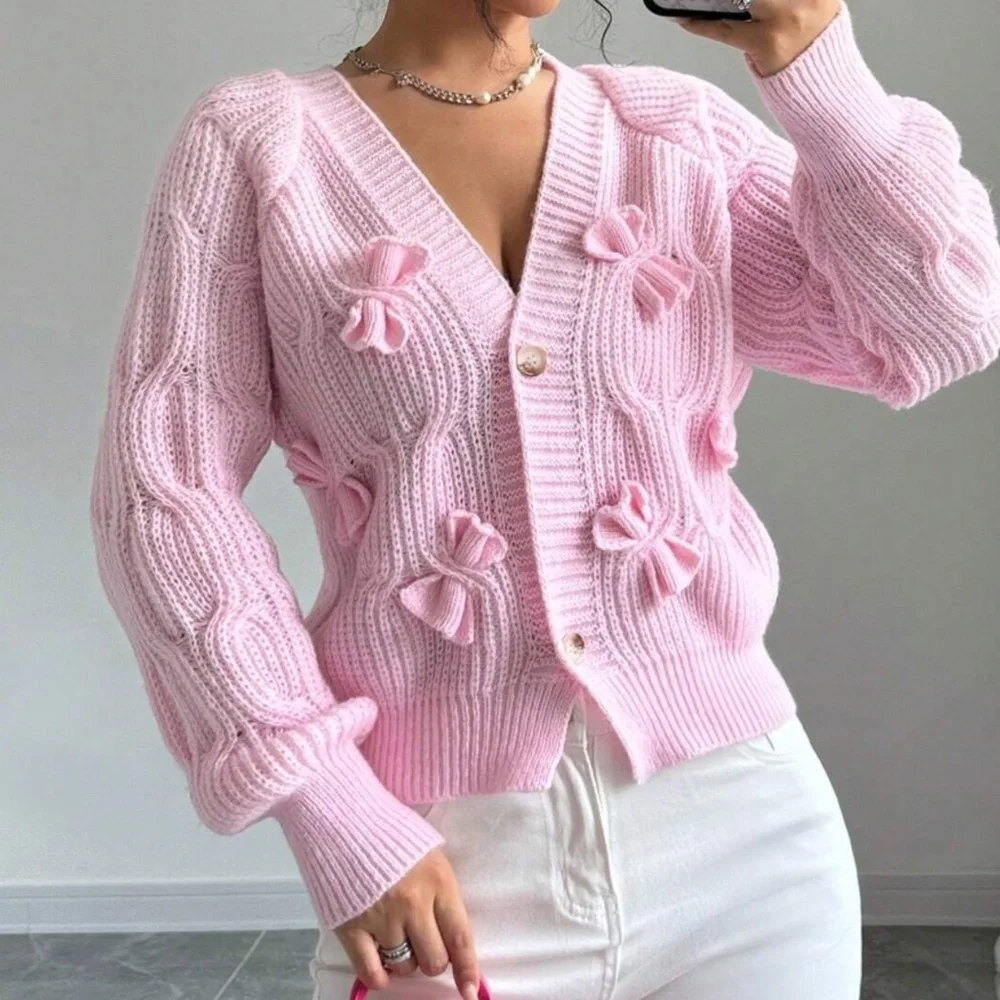 Classic Solid Bow Detail Button Down Fitted Cardigan