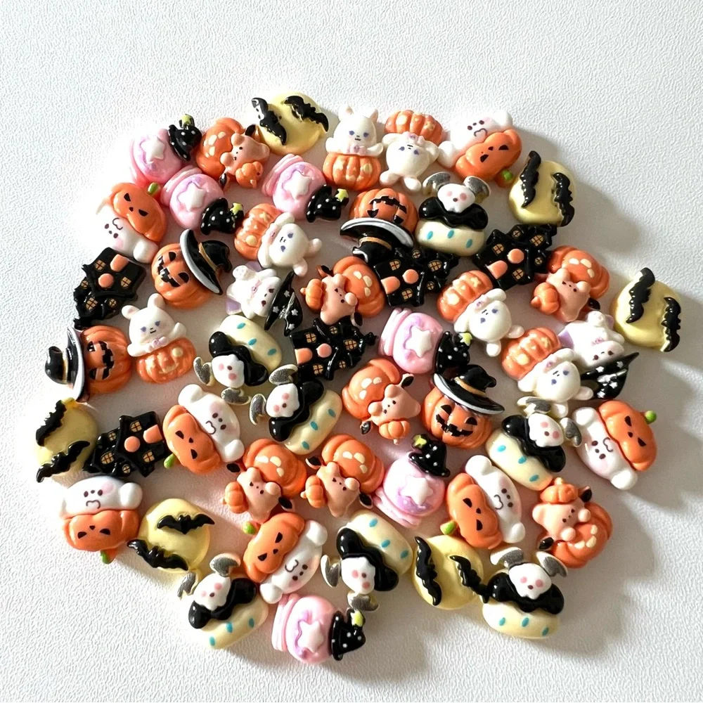50 Pc Mini Halloween Charms | Kawaii Pumpkin Ghost Bat Craft Mix
