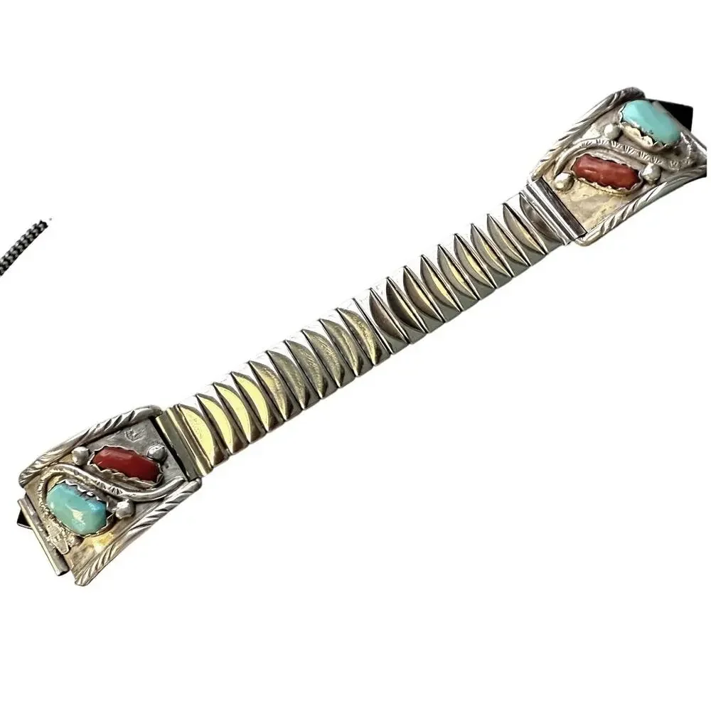 Signed Vance Cheama Zuni Turquoise Coral Watch Tip Band