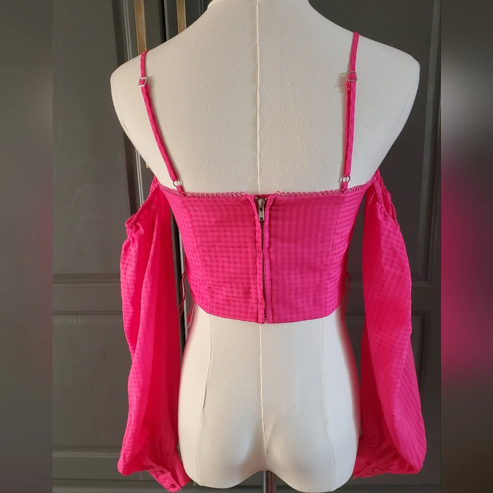 NBD Francis Crop long sleeved Corset top blouse in Fuchsia size XS **w/o sash**