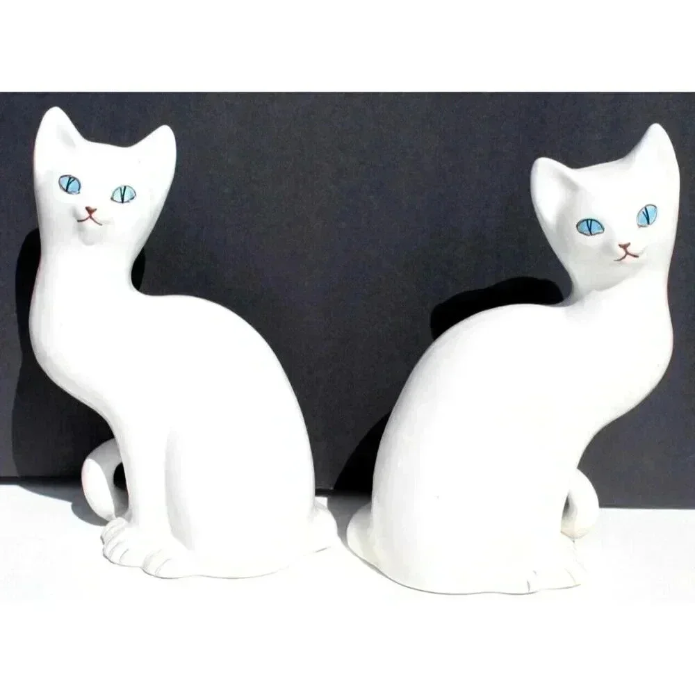 Vtg Ceramic Italian Him / Her White Cats Kitty Pair Set Figurine Sculpture Italy