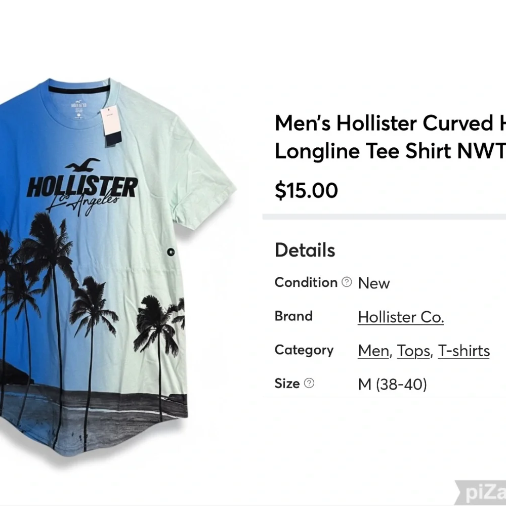 Hollister Men's Blue and Black Longline Tee Shirt, NWT