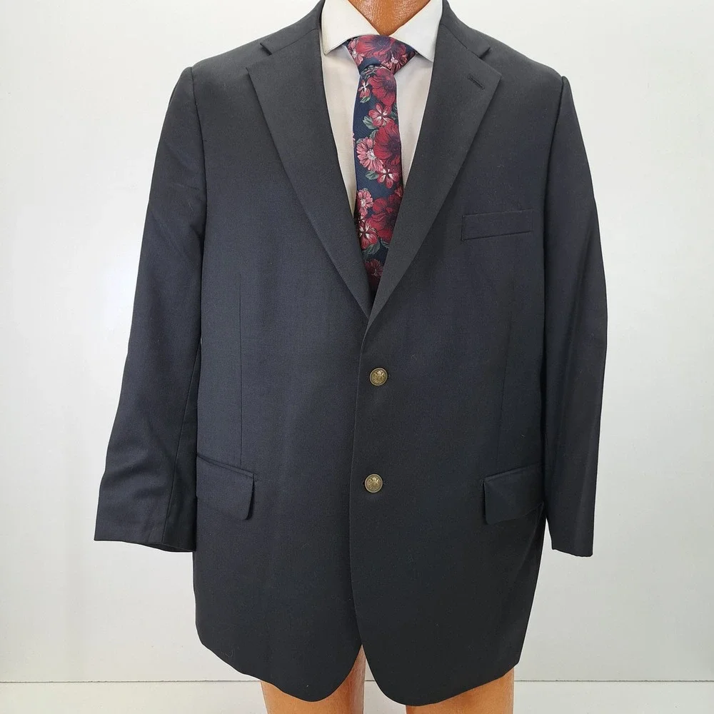 Paul Fredrick Mens 46S Blue Blazer Jacket Two Button Wool Coat Gold Button
