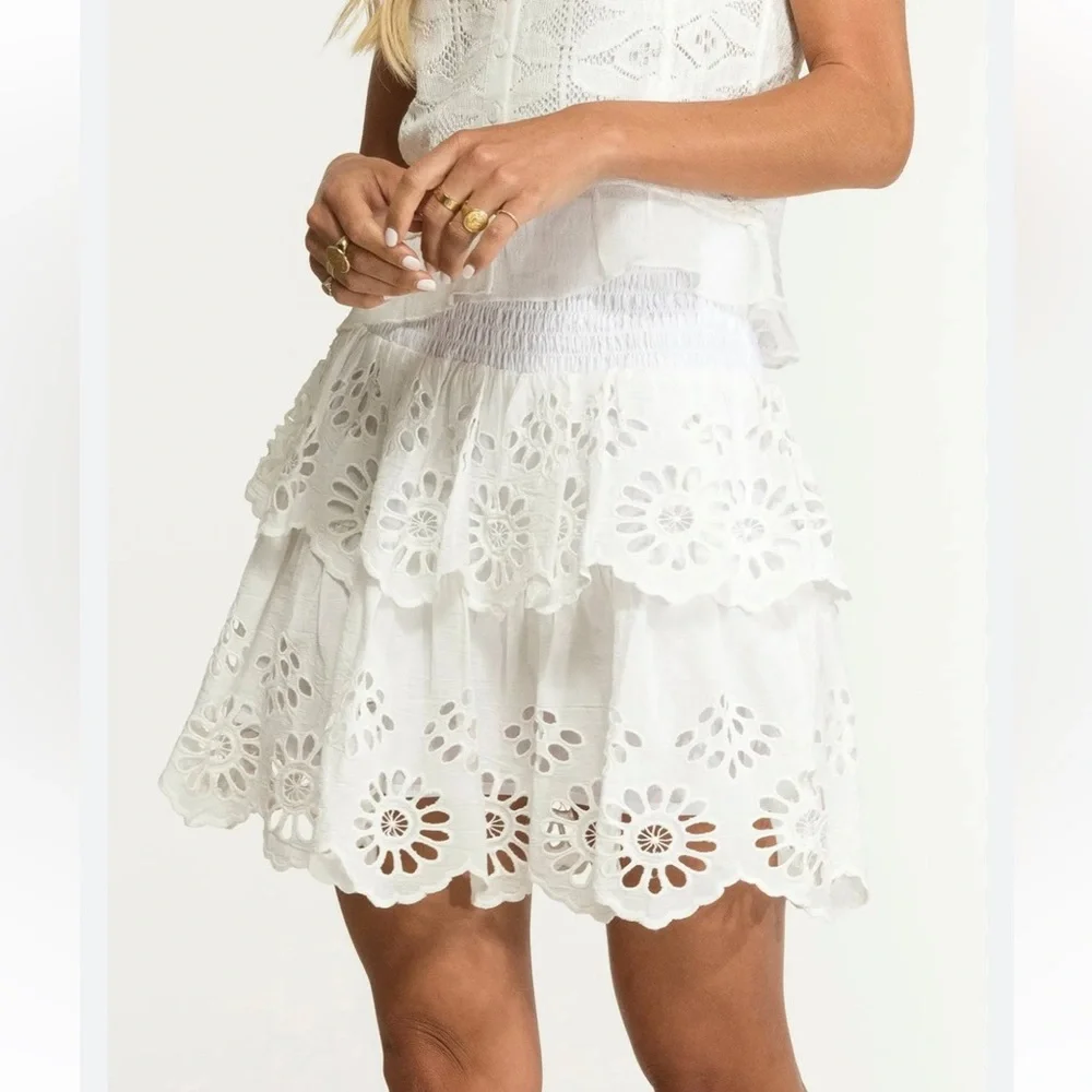 NIGHTCAP Free People white cotton lace boho hippie eyelet mini skirt top XS