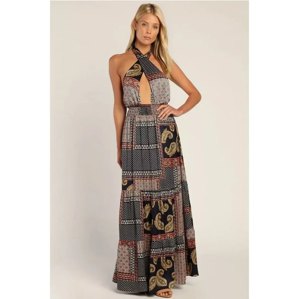 Lulus Trendy Travels Halter Maxi Dress Navy Blue Multi Patchwork Scarf Print S