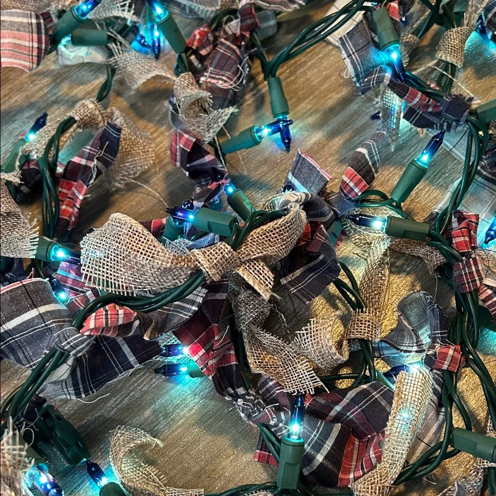 Qty 1 Blue String Lights with Red & Blue Plaid and Burlap Accents 18' Long