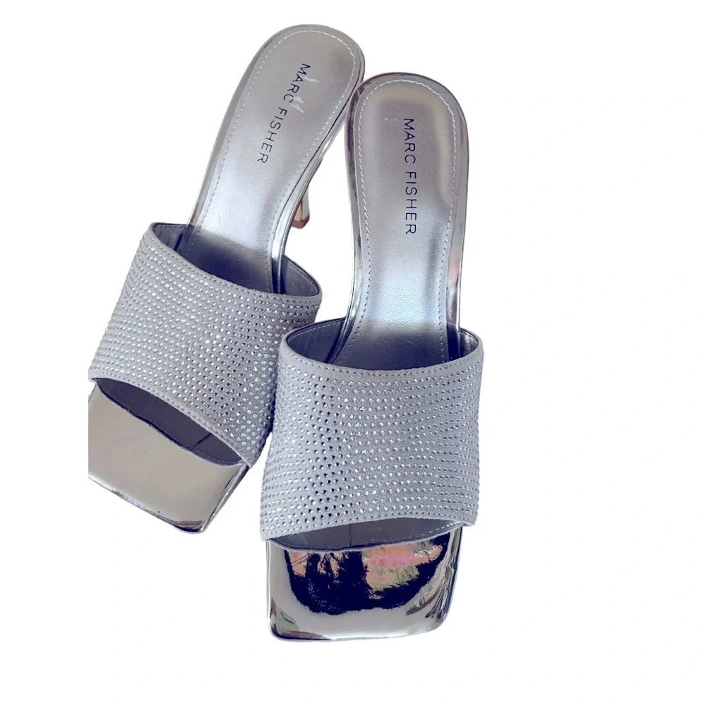 Marc Fisher Silver Chrome Boxy Diamond Bling Wedding Formal Square Heels size 7