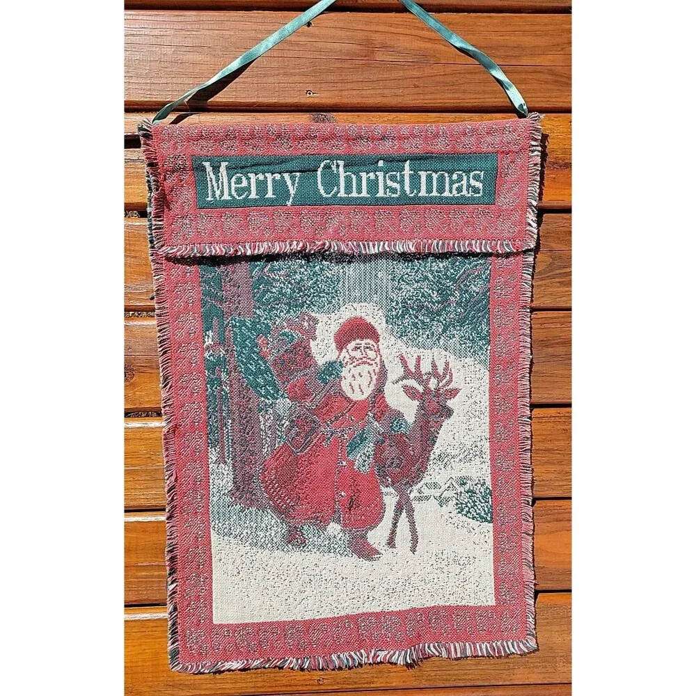Vintage Christmas Tapestry Woven Wall-Hanging Santa With Reindeer 32x21 WTC 1995