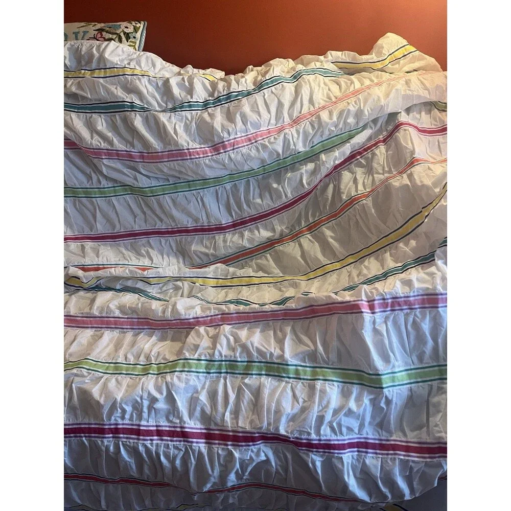 Pottery Barn White w Multicolor Ribbon Ruched Duvet Cover Full/Queen