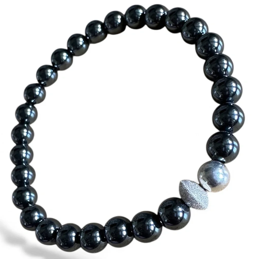 Polished 6mm Polished Jet Hematite Stretch Bracelet w/ Sterling Silver Spacers