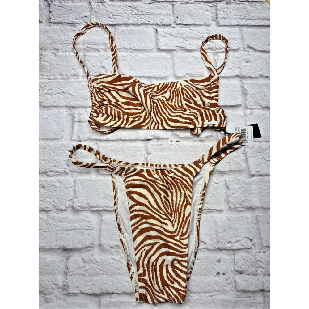 Kendall & Kylie XL Brown Rust Abstract Tiger Zebra Animal Bikini NWT