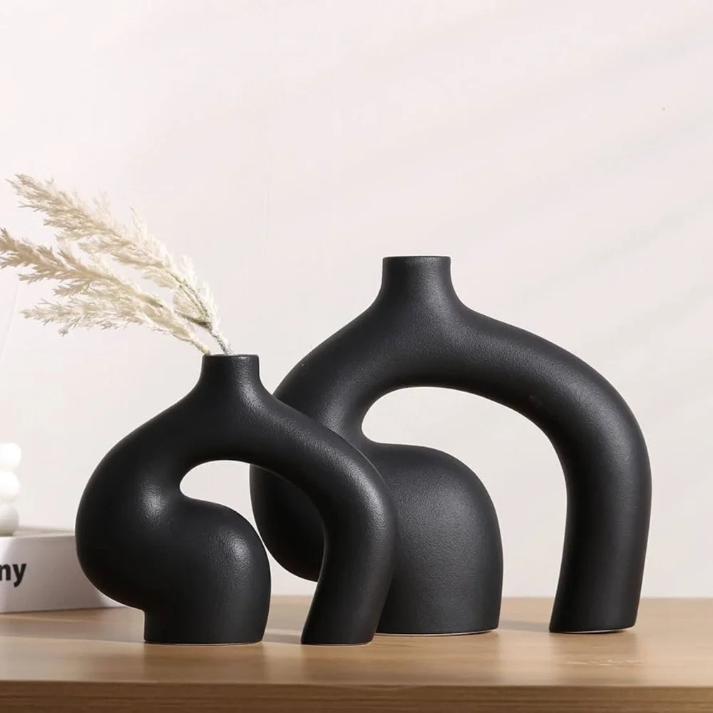 NEW IN BOX Modern Black Ceramic Vases Set of 2