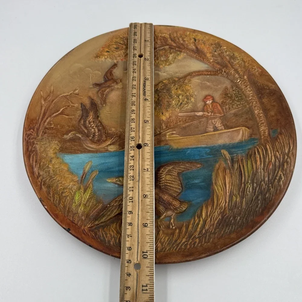 Vintage 1970 Duck Hunter in Boat Painted Plate