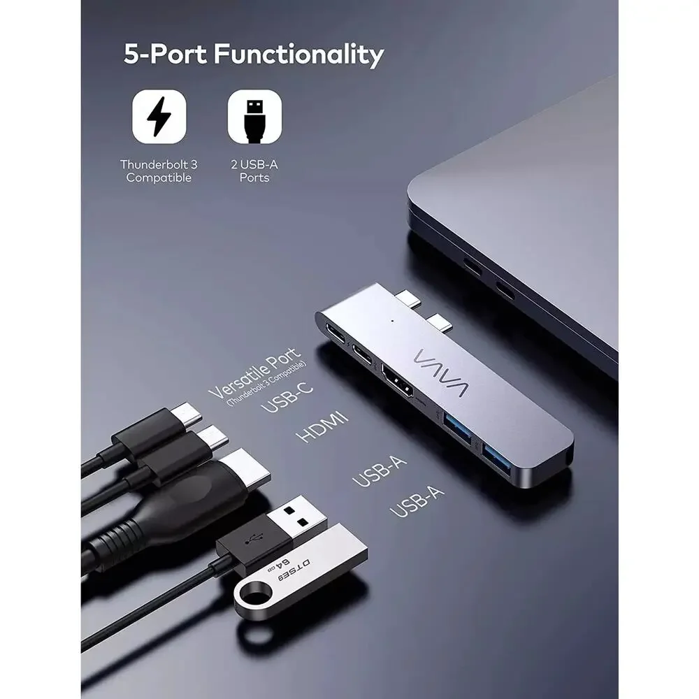 VAVA 5-in-2 USB-C Hub - Transfer, USB-C Port, HDMI Port 2 USB-A Ports