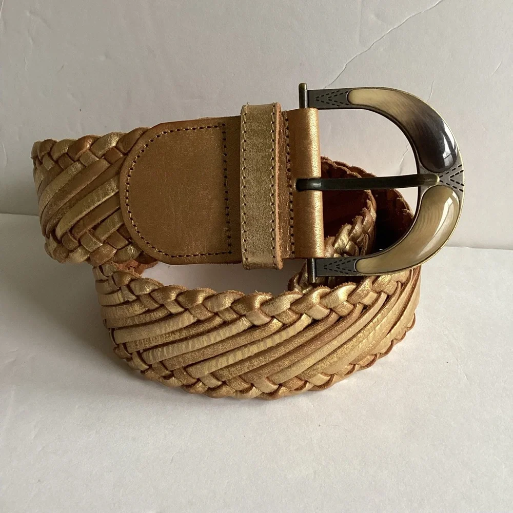Linea Pelle Belt Small Gold Leather Braided Wide Statement