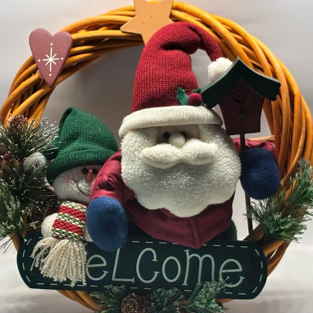 Vintage Festive Santa and Snowman Holiday Wreath - Red and Green