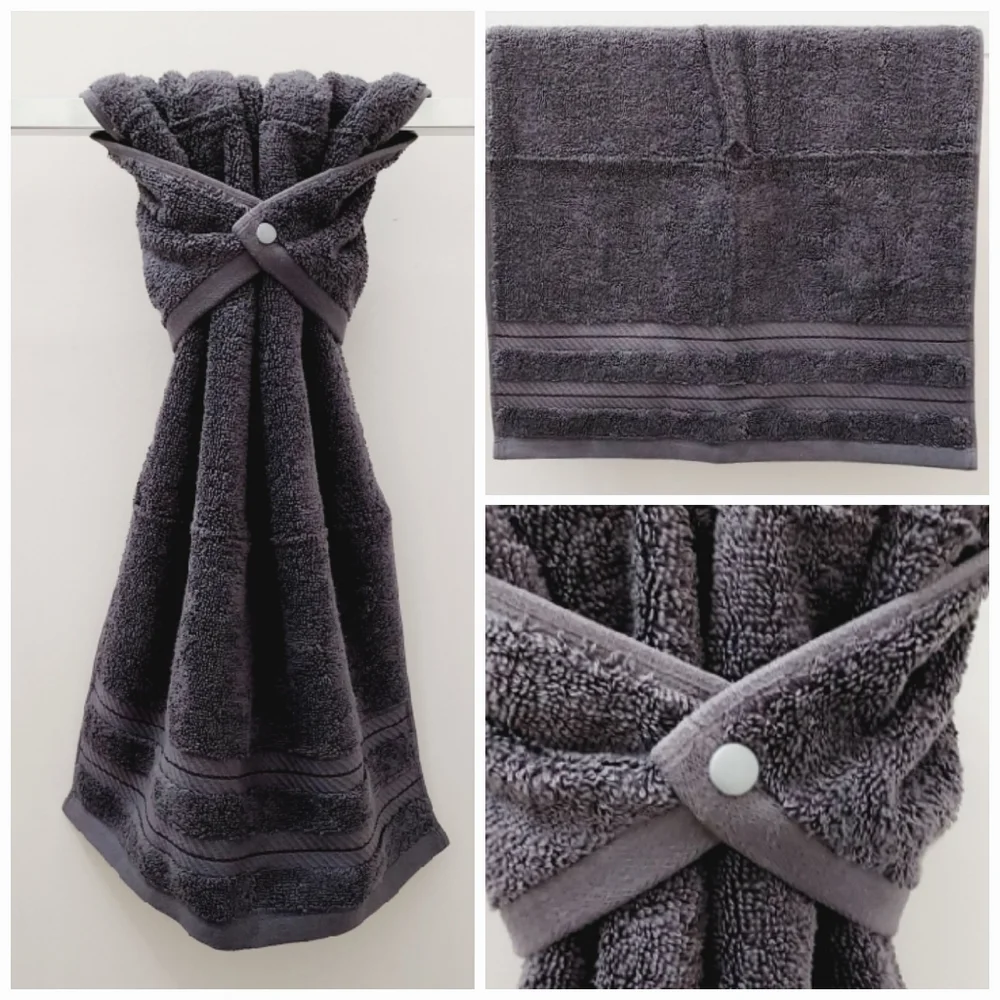 💚NEW!💚 #9162-A ■Solid Gray Hand Towel with SILVER PLASTIC SNAP (Hang'N'Snap)🤍