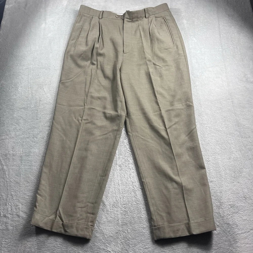 Zanella Dress Pants Duncan Mens Size 35 Brown Pleated 100% Wool Cuff Hem Italy