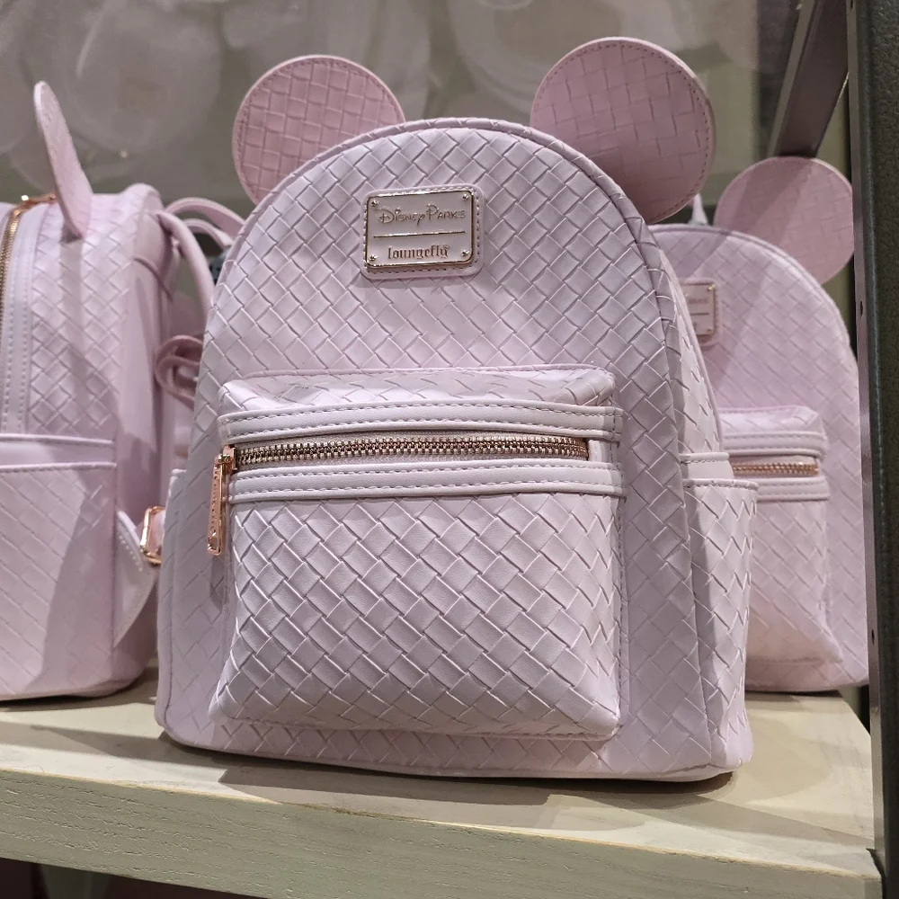 Loungefly Pink Rose Gold Woven Minnie Mouse Ear Backpack Disney Parks Disneyland