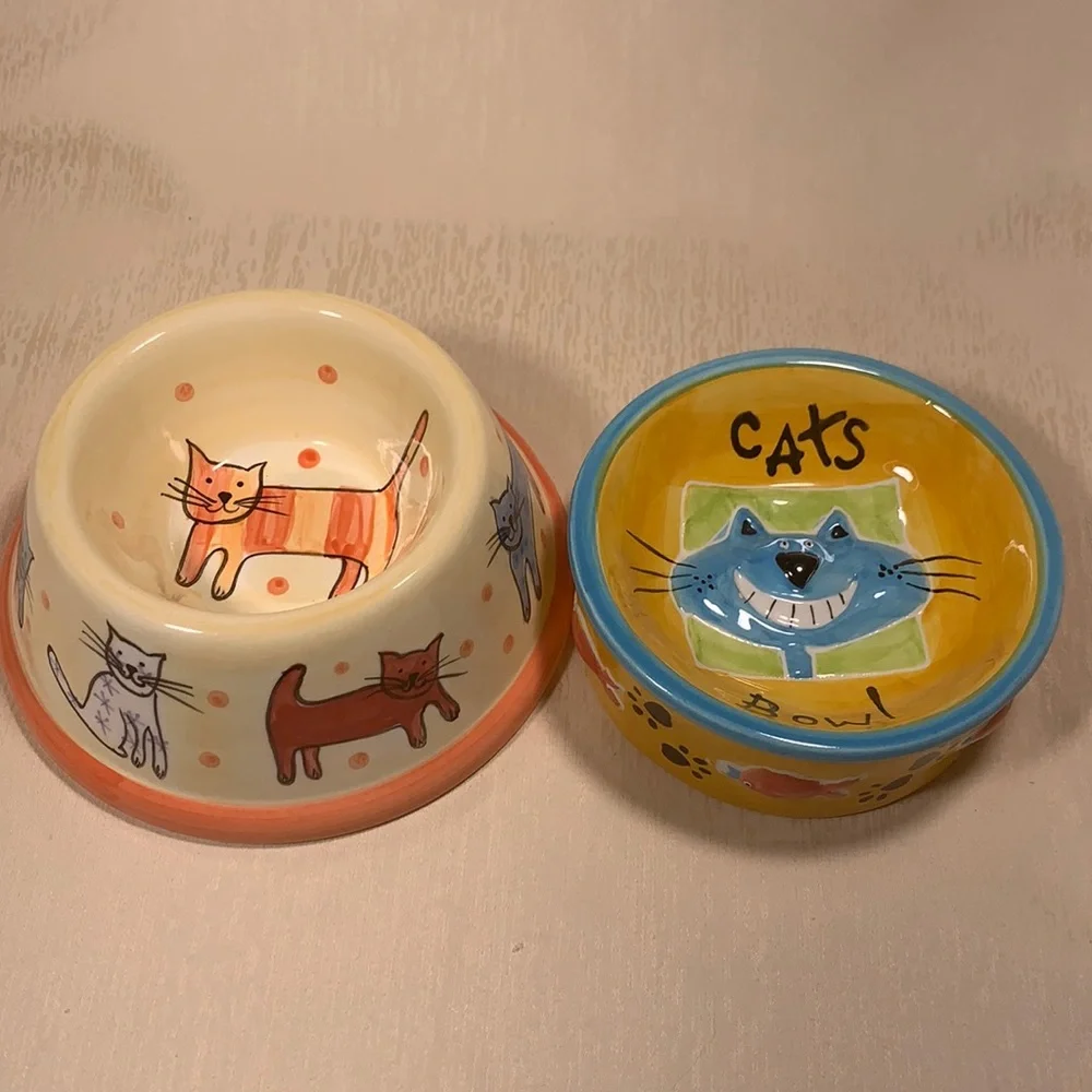 Pair of Ceramic Cat Food Water Bowls
