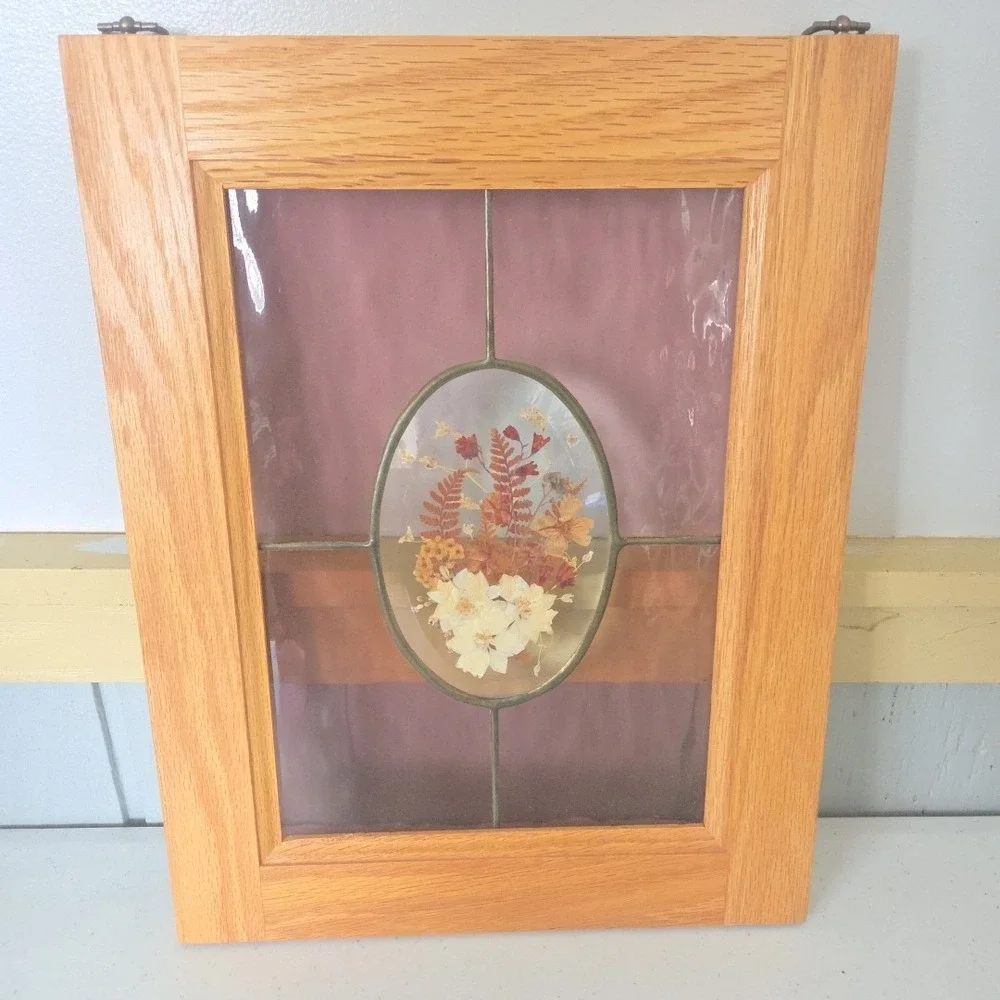 Oak Framed Stained Glass Artwork Dried Flowers Botanical Window Hanging