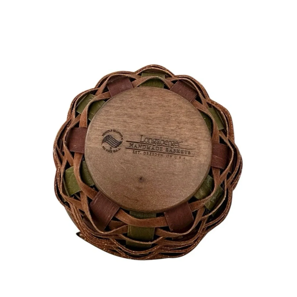 Longaberger Vintage Warm Brown Green Splint Small Bowl Basket Lid & Protector