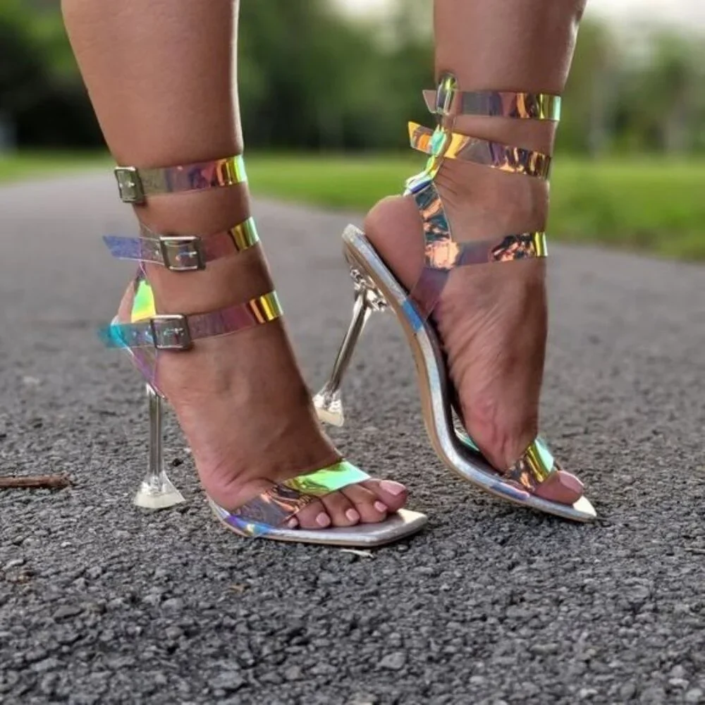Women’s Strappy Hologram Sandal Pumps Open Toe Spool Heel