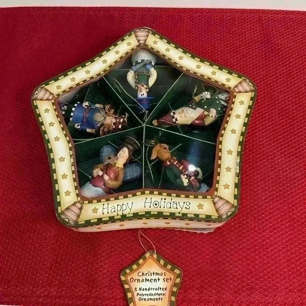 Christmas ornament set of five handcrafted poly resin metal ornaments, new inbox