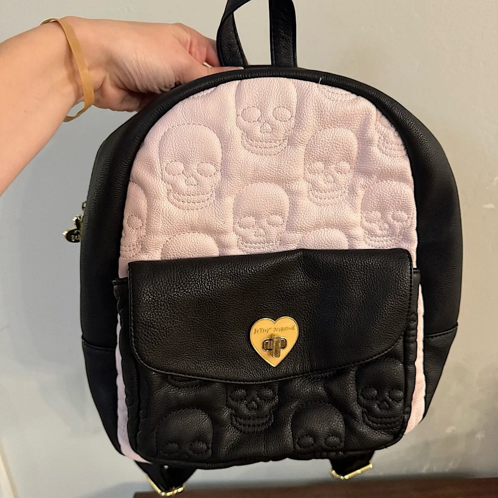 Betsey Johnson Embossed Skull Pink And Black Mini Backpack Whimsy Goth