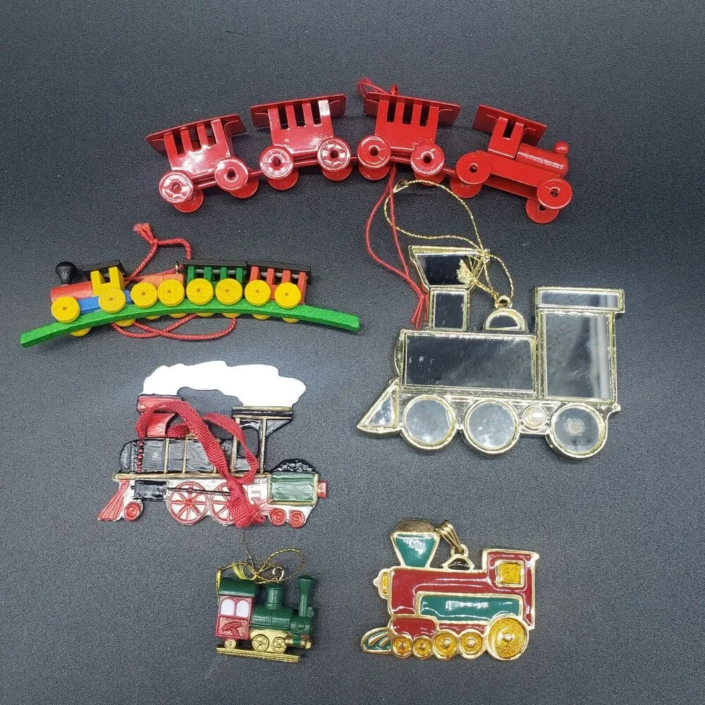 Lot of‎ 6 train Christmas ornaments including Wallace Silversmiths Enamel train