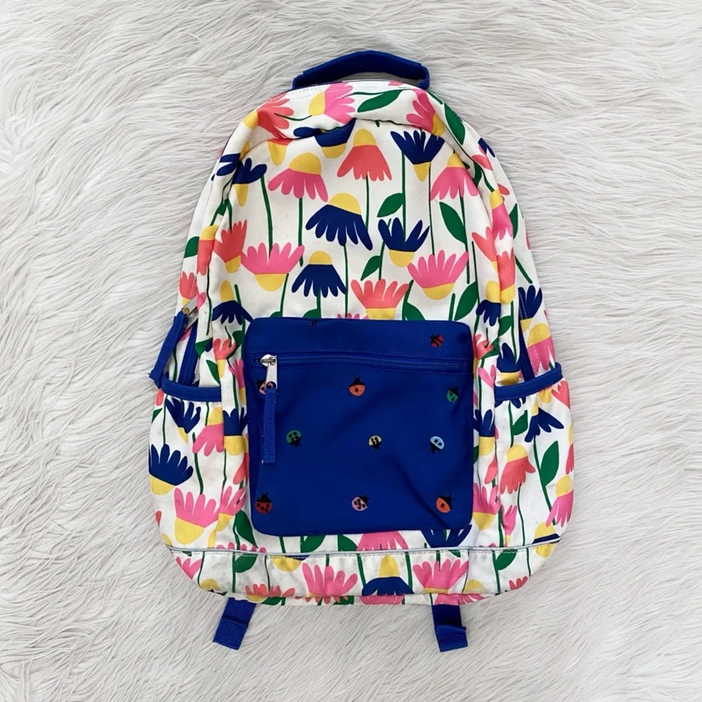 Hanna Andersson Floral Pink Blue Ladybug Embroidered Pocket Girls Kids Backpack