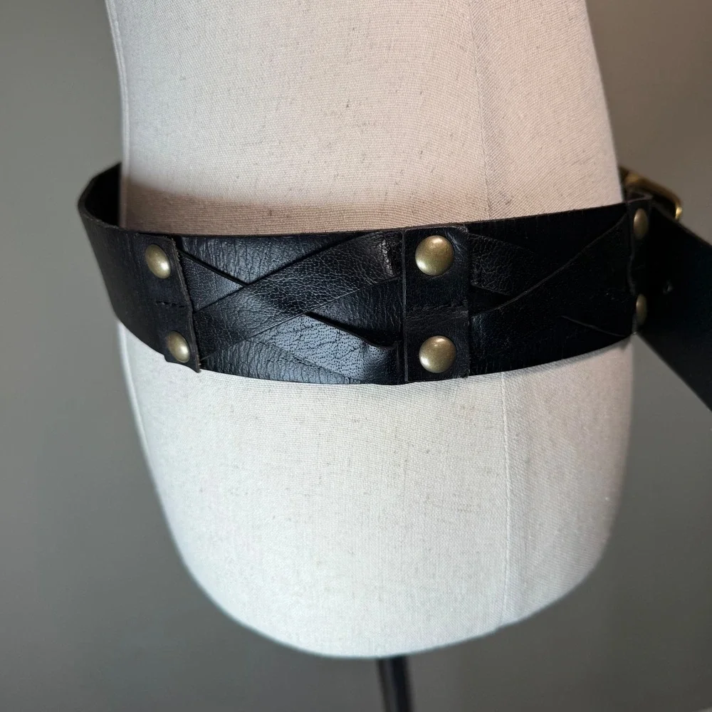 Linea Pelle Black Genuine Leather Stud Belt LPWD06508 Medium