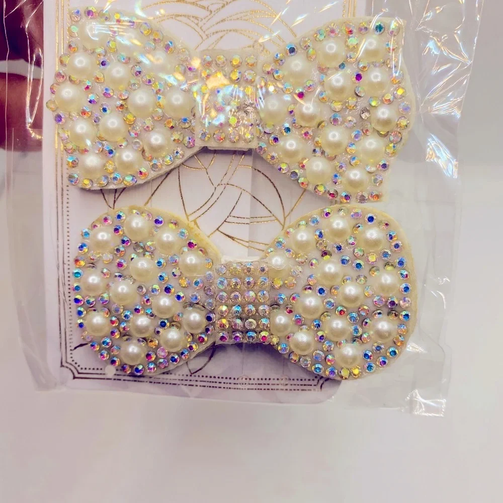 Hair barrette bow faux pearls crystals iri…
