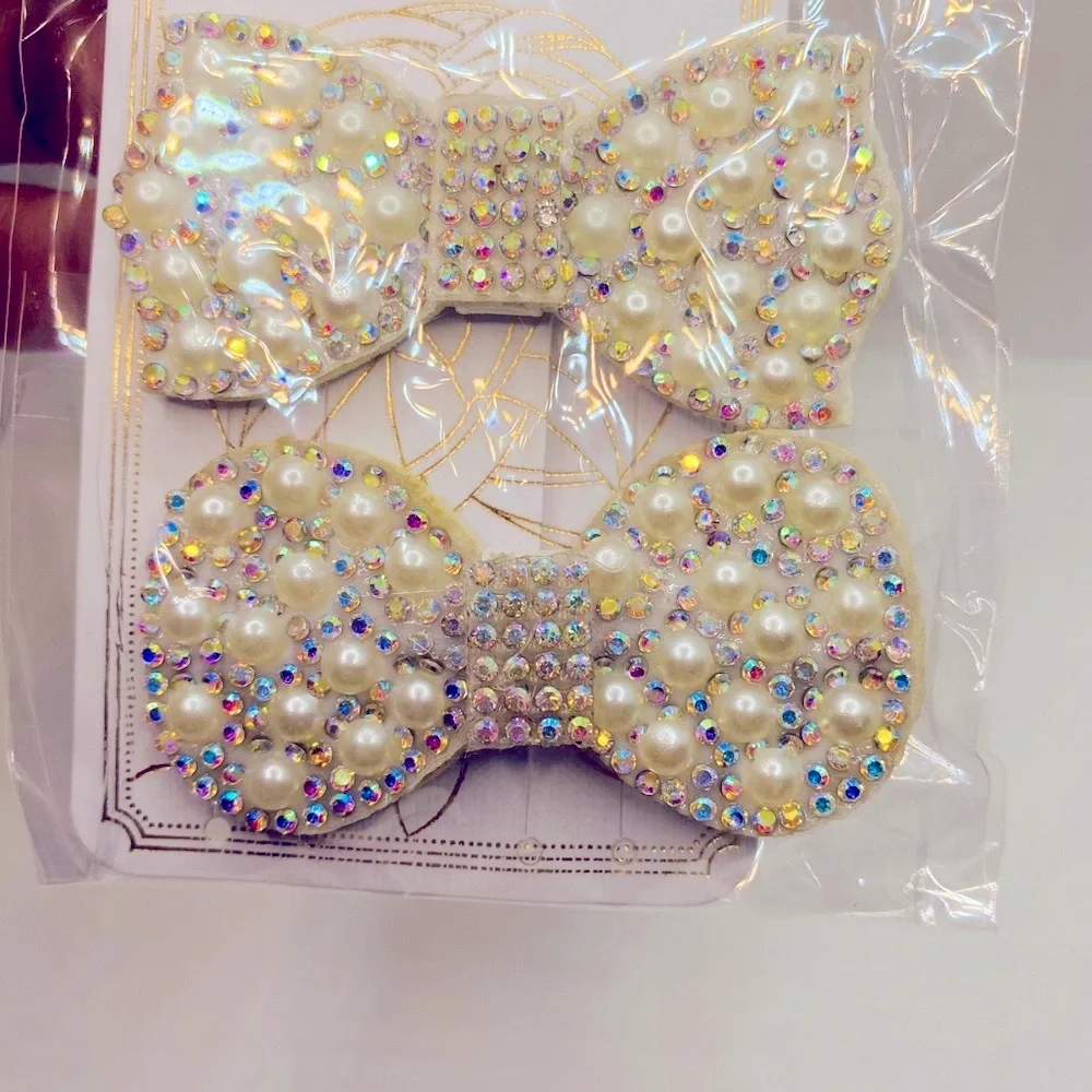 Hair barrette bow faux pearls crystals iri…