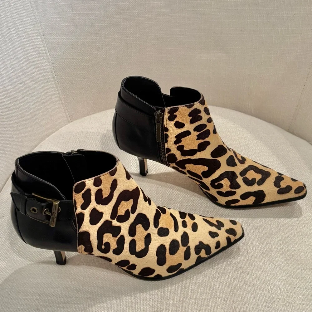 DONALD J. PLINER LURE Calf Hair Animal Print Kitten Heel Buckle Booties Size 8